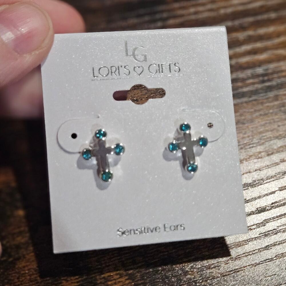 Lori's Gifts Blue Crystal Silver-Tone Cross Stud Earrings for Sensitive Ears